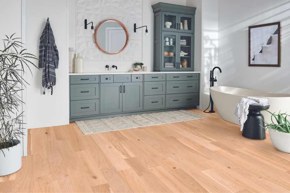 waterproof engineered hardwood in bathroom with natural finishes